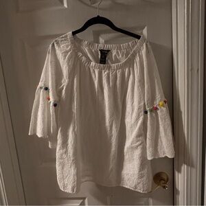 Ali Miles White Lace Blouse with Colorful Pom Accents